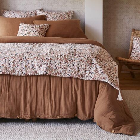 Altobuy – Chemin de lit 90x200 cm en gaze de coton blanc – Imprimé floral – Densité 125 g/m² – Finition pompons aux 4 coins – Certifié OEKO-TEX