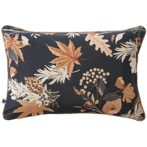ELIANE - Coussin Déhoussable 40x60cm Velours de Coton Bleu Imprimé Fleur (1/2)