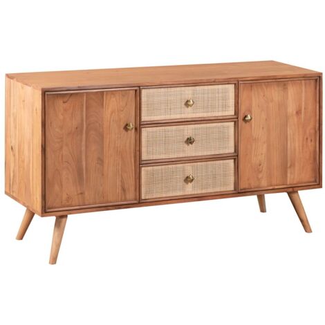 KESIAH - Buffet 2 portes 3 tiroirs en acacia finition teinté teck avec plaquage cannage (1/5)