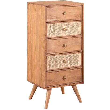 KESIAH - Chiffonnier 5 tiroirs en acacia finition teinté teck avec plaquage cannage (1/4)