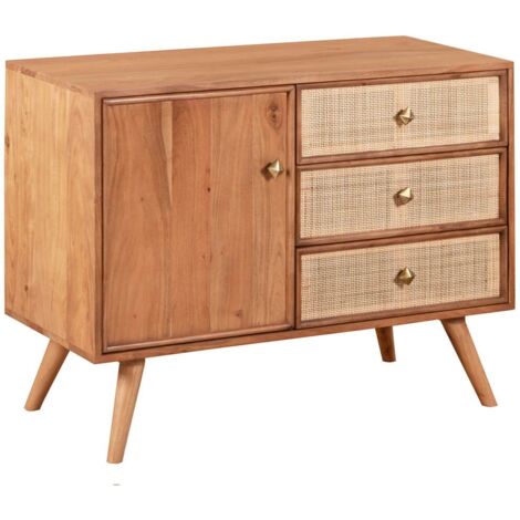 KESIAH - Meuble de rangement 1 porte 3 tiroirs en acacia finition teinté teck avec plaquage cannage (1/4)