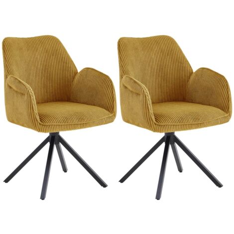 DELIA - Lot de 2 Fauteuils de table Pivotants Tissu Velours Côtelé Jaune (1/5)