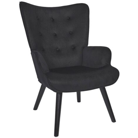 HAMZA - Fauteuil Tissu velours côtelé noir et piétement hévéa laqué noir (1/5)