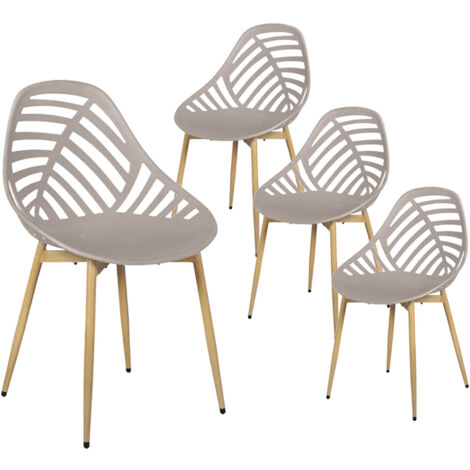 Altobuy – Lot de 4 chaises de jardin en plastique ajouré taupe – Pieds en métal imitation bois – Dimensions 52,3 x 53,3 x H83,4 cm (1/5)