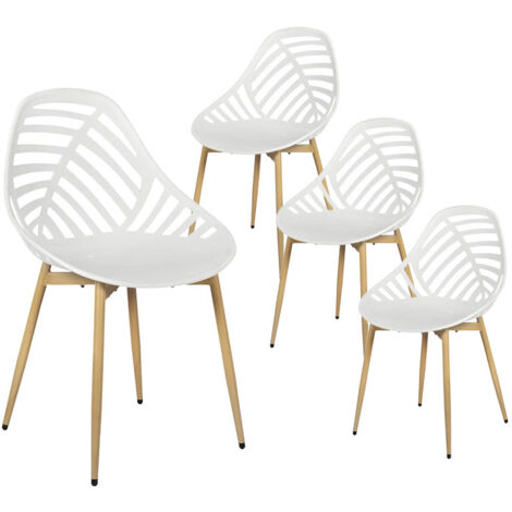 Altobuy – Lot de 4 chaises de jardin coque plastique ajourée blanche – Pieds métalliques imitation bois – Dimensions 52,3 x 53,3 x H83,4 cm (1/5)