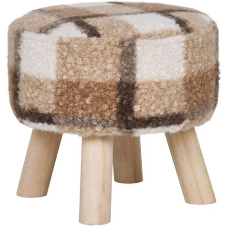 STOOL - Tabouret Bas Tissu Bouclé Imprimé Ecossais Pieds en Pin Naturel (1/4)