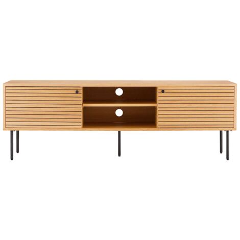 LOWAN - Meuble TV 2 Niches 2 Portes Effet Tasseaux Teinté Chêne Clair (1/3)