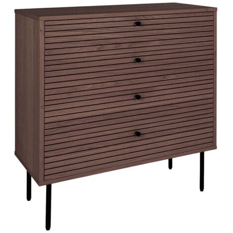 LOWAN - Commode 4 Tiroirs Effet Tasseaux Teinté Chêne Foncé (1/5)