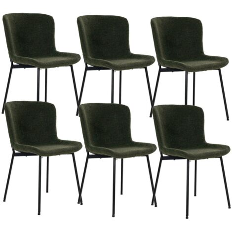 LESLI - Lot de 6 Chaises Tissu Bouclé Vert foncé Pieds Métal Noir (1/5)