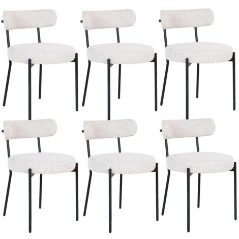 LOANA - Lot de 6 Chaises Tissu Bouclé Blanc Chiné Dossier et Pieds Métal Noir (1/5)