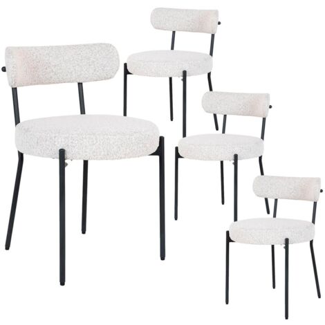 LOANA - Lot de 4 Chaises Tissu Bouclé Blanc Chiné Dossier et Pieds Métal Noir (1/5)