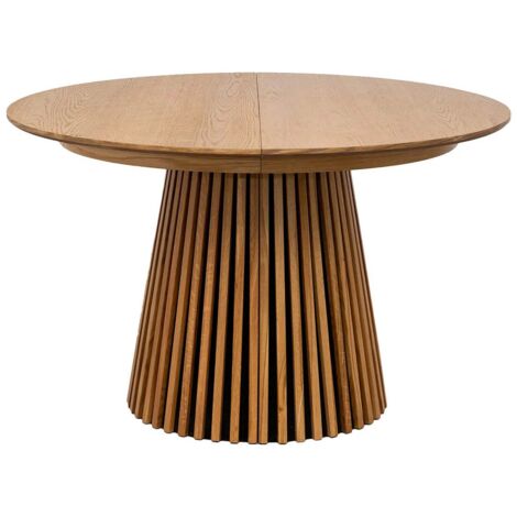 Altobuy – Table extensible ronde MDF placage chêne clair – Pied central relief – Dimensions 120/160/200 x 120 x H75 cm – 8 couverts maximum