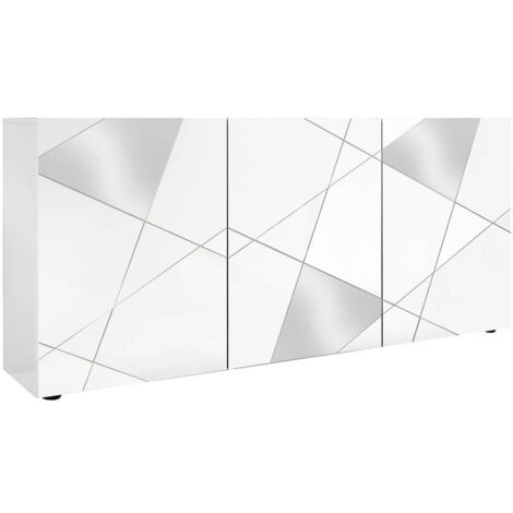 ORIANA - Buffet 3 Portes Finition Blanc Laqué Weiss avec Sérigraphies et Miroirs (1/4)