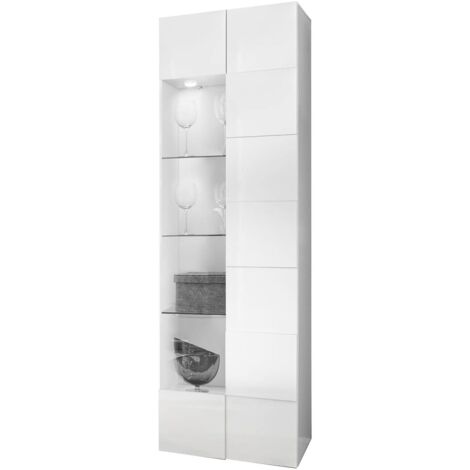 REBECCA - Vitrine 1 Porte Finition Blanc Laqué Relief Weiss Damiers et Leds (1/4)