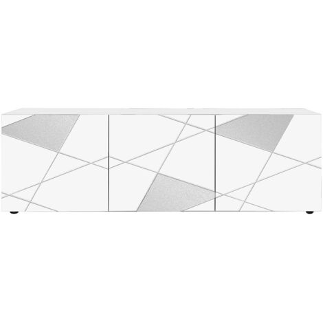 ORIANA - Meuble TV 3 Portes Finition Blanc Laqué Weiss avec Sérigraphies et Miroirs (1/3)