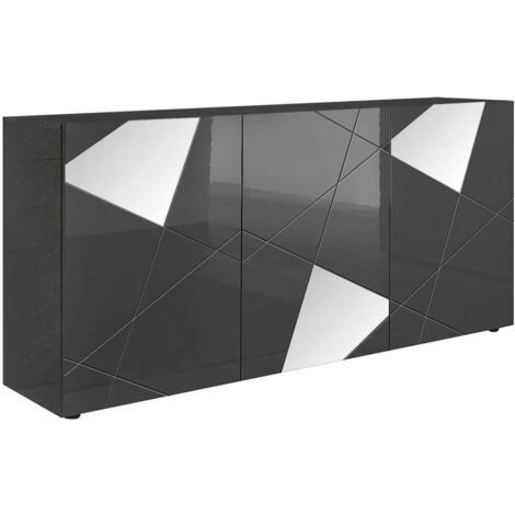 ORIANA - Buffet 3 Portes Finition Gris Carbone avec Sérigraphies et Miroirs (1/3)