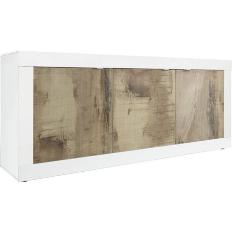 OTELLO - Buffet 3 Portes Finition Blanc Laqué et Aspect Bois Antik (1/3)