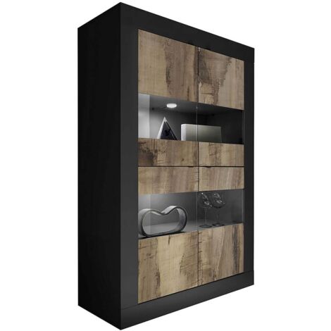 OTELLO - Vitrine 4 Portes Finition Noir Mat et Aspect Bois Antik avec Leds (1/3)