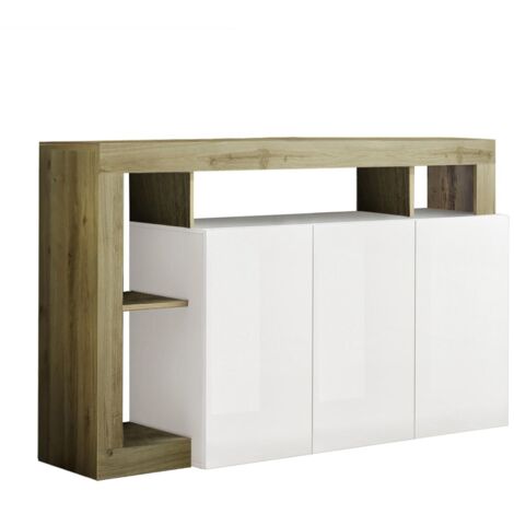 ARTURO - Buffet 3 Portes Blanc Laqué Encadrement Niches Aspect Bois Cadiz (1/3)