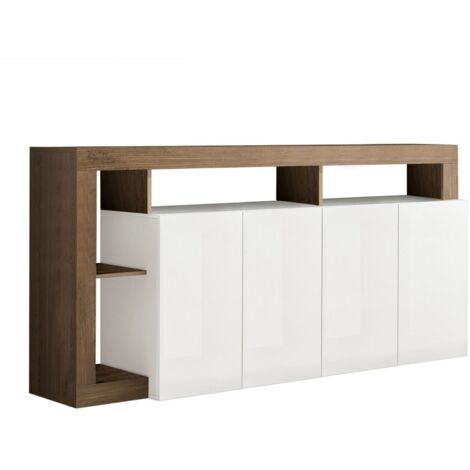 ARTURO - Buffet 4 Portes Blanc Laqué Encadrement Niches Aspect Chêne Mercure (1/3)