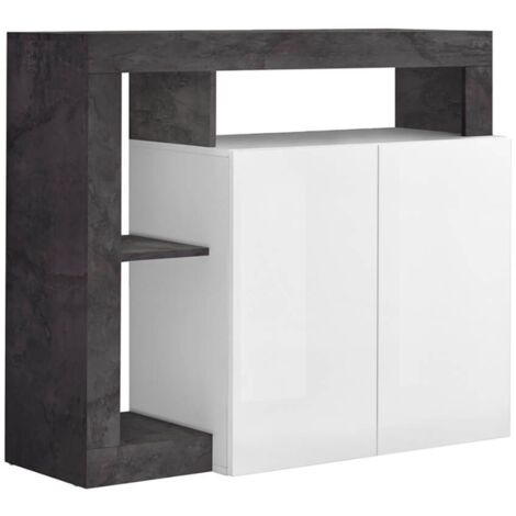 ARTURO - Buffet 2 Portes Blanc Laqué Encadrement Niches Aspect Gris Oxyde (1/4)