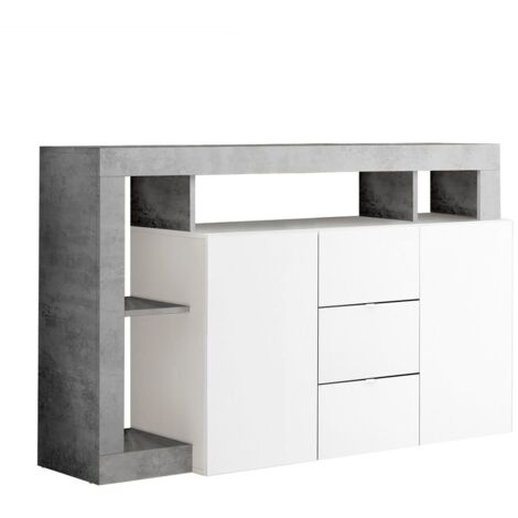 ARTURO - Buffet 2 Portes 3 Tiroirs Blanc Laqué Encadrement Niches Aspect Cimento (1/3)