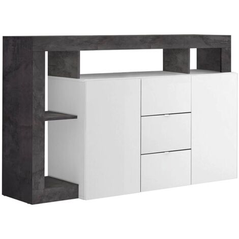 ARTURO - Buffet 2 Portes 3 Tiroirs Blanc Laqué Encadrement Niches Aspect Gris Oxyde (1/3)