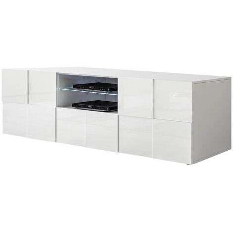 REBECCA - Meuble TV 181 cm Finition Blanc Laqué Weiss Relief Damiers et Leds (1/2)