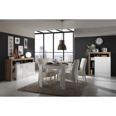 Altobuy – Séjour complet table + buffet 4 places blanc laqué – Panneaux haute densité – Design moderne avec aspect bois – Dimensions table 180x90xH79cm