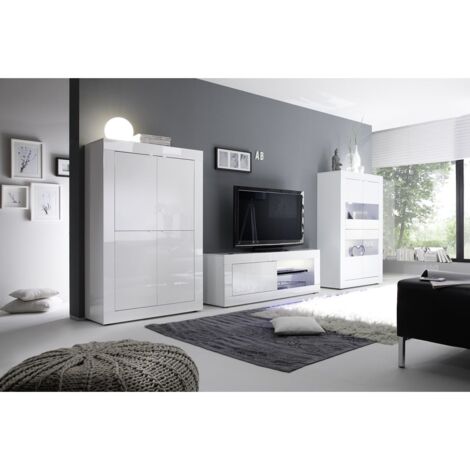 OTELLO - Ensemble Salon avec Vitrine 4 Portes Finition Blanc Laqué Weiss avec Leds (1/5)
