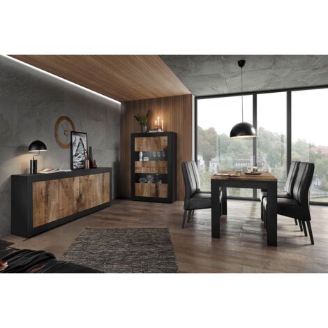 Altobuy – Ensemble séjour avec buffet 4 portes noir mat – Vitrine 101,4 x 42 x H161,2cm – Table repas 180 x 90 x H79cm – Design moderne (1/5)