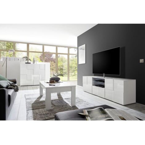 REBECCA - Ensemble Salon complet Meuble TV 181 cm Blanc Laqué Weiss Relief Damiers (1/5)