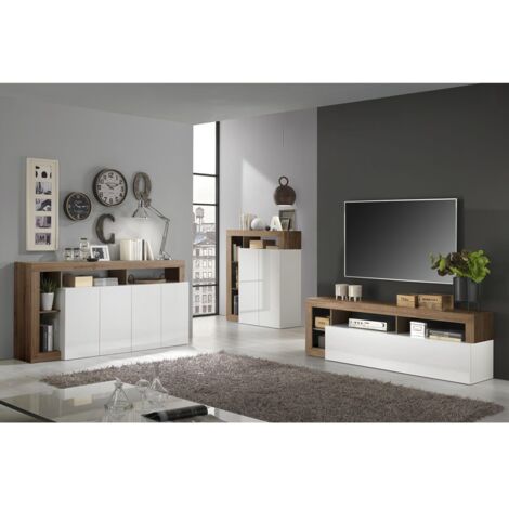 Altobuy – Ensemble buffet 4P – Meubles TV et bar blanc laqué – Niches aspect chêne – Dimensions buffet 184x42x93cm, meuble TV 184x42x58cm, rangement 108x42x127cm (1/5)