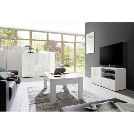 REBECCA - Ensemble Salon complet Meuble TV 121 cm Blanc Laqué Weiss Relief Damiers (1/5)