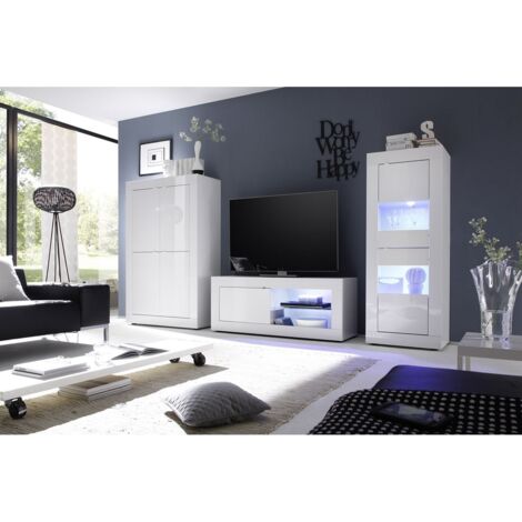OTELLO - Ensemble Salon avec Vitrine 2 Portes Finition Blanc Laqué Weiss avec Leds (1/5)