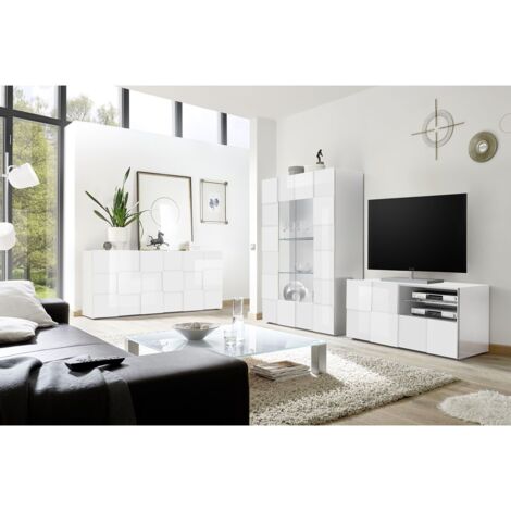 REBECCA - Ensemble Salon Meuble TV 121 cm Blanc Laqué Weiss Relief Damiers (1/5)