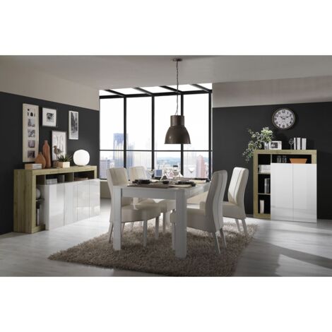 Altobuy – Séjour complet table + buffet 4 places blanc laqué – Niches aspect bois – Table 180x90cm, buffet 184x42cm, meuble rangement 108x42cm (1/5)