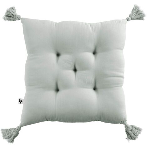 OUREA - Coussin Capitonné 40x40cm avec Pompons Gaze de Coton Eucalyptus (1/3)