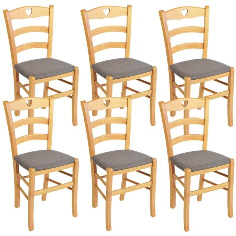 NAPLES - Lot de 6 Chaises Naturelles et Assises en Tissu Chiné Gris (1/2)