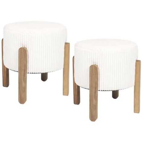 Altobuy – Lot de 2 tabourets de bar en velours côtelé crème – Hauteur d'assise 35cm – Pieds en acacia teinté – Rembourrage mousse PU (1/4)