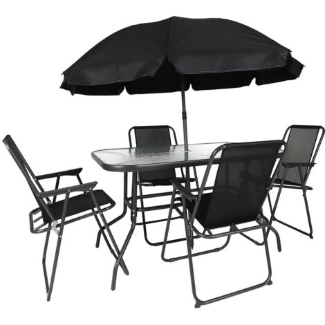 Altobuy – Salon de jardin 4 places – Table métal 120x75cm avec plateau en verre trempé – 4 fauteuils pliants en toile noire (1/5)