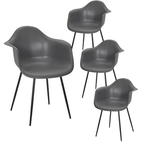 OMER - Lot de 4 Chaises Coque Accoudoirs Grises Piètement Métal (1/5)