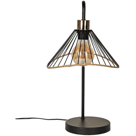 Lampe à Poser Noire Abat-Jour Filaire Finition Rotin (1/4)