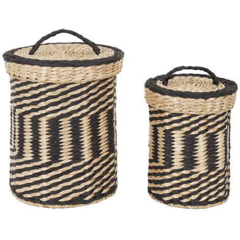Lot de 2 Paniers Tressés Ethniques Coloris Naturel et Noir avec Couvercle