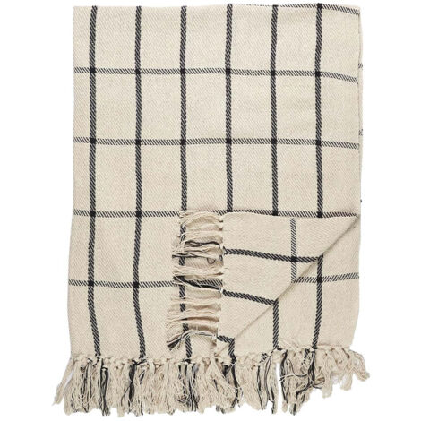 Plaid Jeté de Canapé 125x150cm Beige Imprimé Carreaux Noirs avec Franges (1/3)