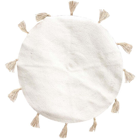 Tapis Rond Ø90cm 100% Blanc avec Pompons Beige (1/3)