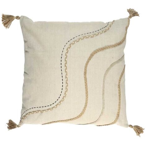 Coussin 40x40cm Beige Motifs Vagues Tressés avec Pompons (1/5)