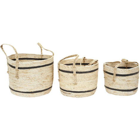 Lot de 3 Paniers Tressés Bicolores en Fibre de Maïs Coloris Naturel et Noir avec Anses (1/5)