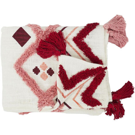 Plaid Jeté Ethnique Tufté 130x150cm Intérieur/Extérieur Coton Blanc et Rose avec Pompons