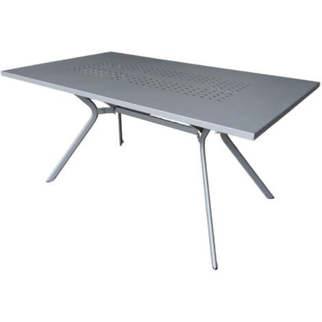 Altobuy – Table de jardin en acier gris traité anti-corrosion – Plateau perforé pour évacuation eau – Pieds obliques pour excellente tenue – Dimensions 160x90xH74cm